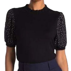 Adrianna Papell Black Sweater with Sheer Polka Dot Sleeves Size Large Office